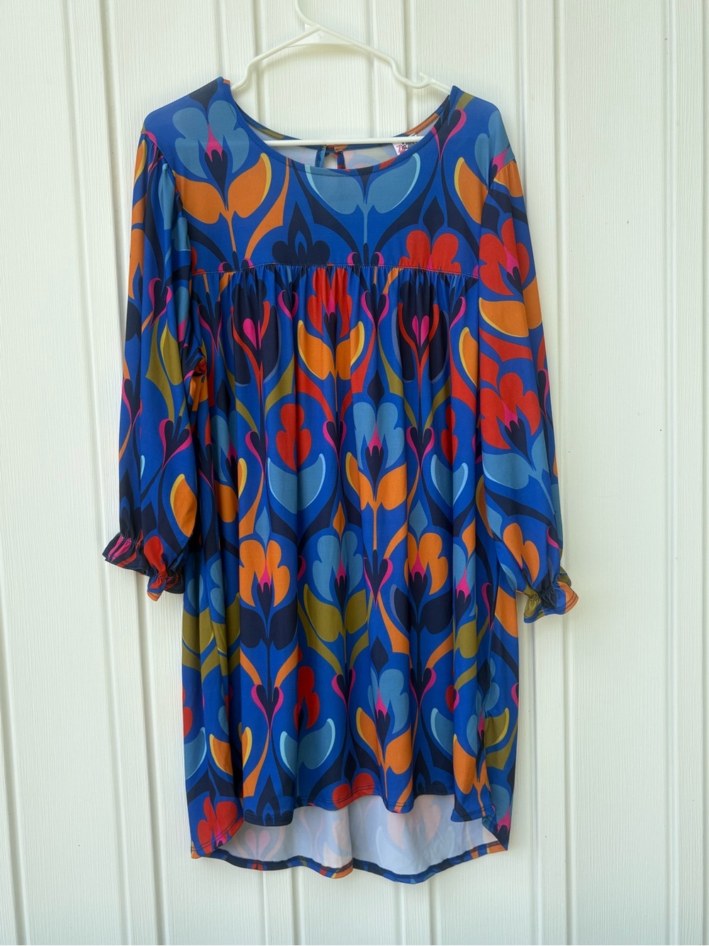 The ZigZag Stripe Tunic Dress XL Womens Blue Orange Retro Floral Babydoll Boho